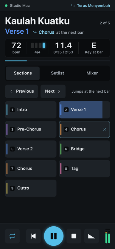 The phone remote: the song, section, tempo and key at the top, and the song’s sections as buttons below.