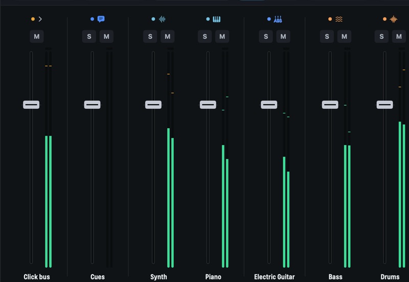 Mixer strips for the click bus, the spoken cues, synth, piano, electric guitar, bass and drums.