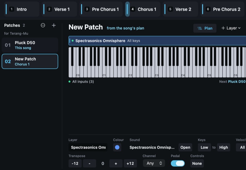 The patches for Terang-Mu beside an on-screen keyboard, each one tied to a part of the song.