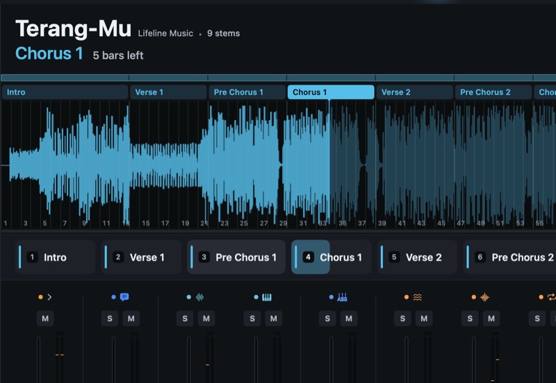 Terang-Mu playing in Chorus 1, with the song’s sections over its waveform and as buttons below it.